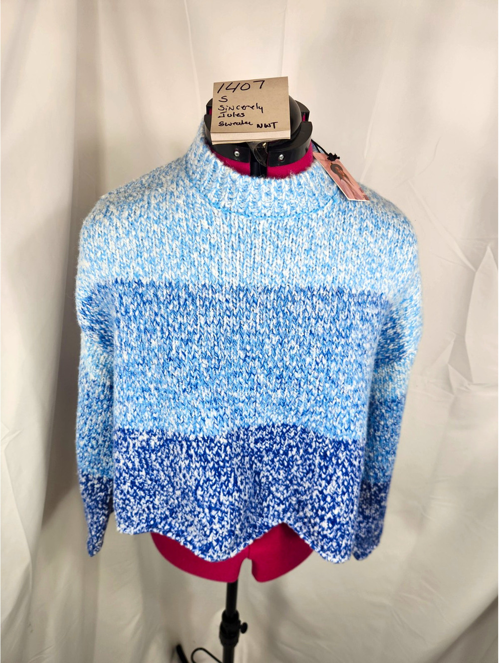Sincerely Jules Blue White Colorblock Mock Neck Pullover Sweater S